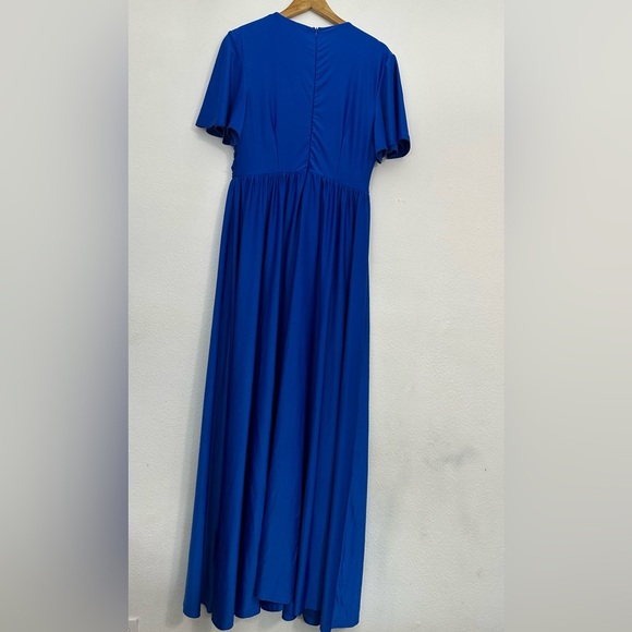 Royal Blue  Satin Maxi Gown with Plunge Neckline and Dolman Sleeves - Picture 9 of 16